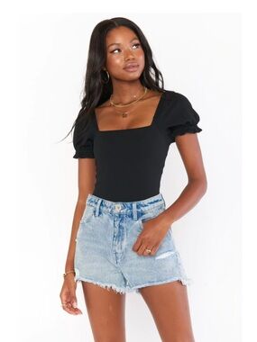 Show Me Your MuMu Black Square Neck Puff Sleeve Bodysuit